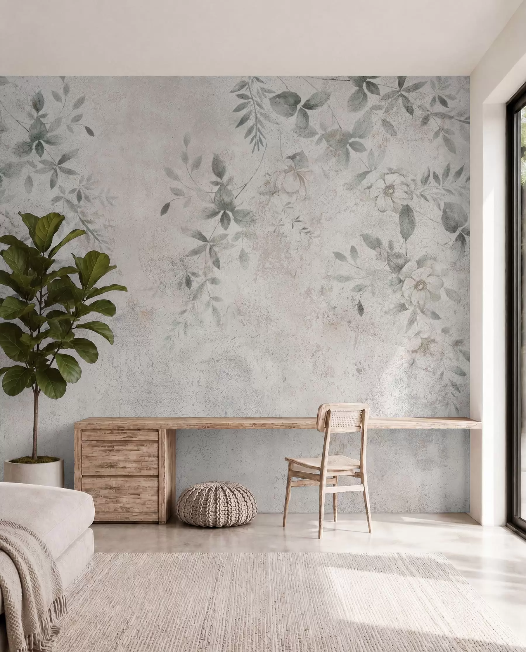 Fototapete Blumen mit Zweigen auf Beton Grunge Hintergrund Minimalismus u96140