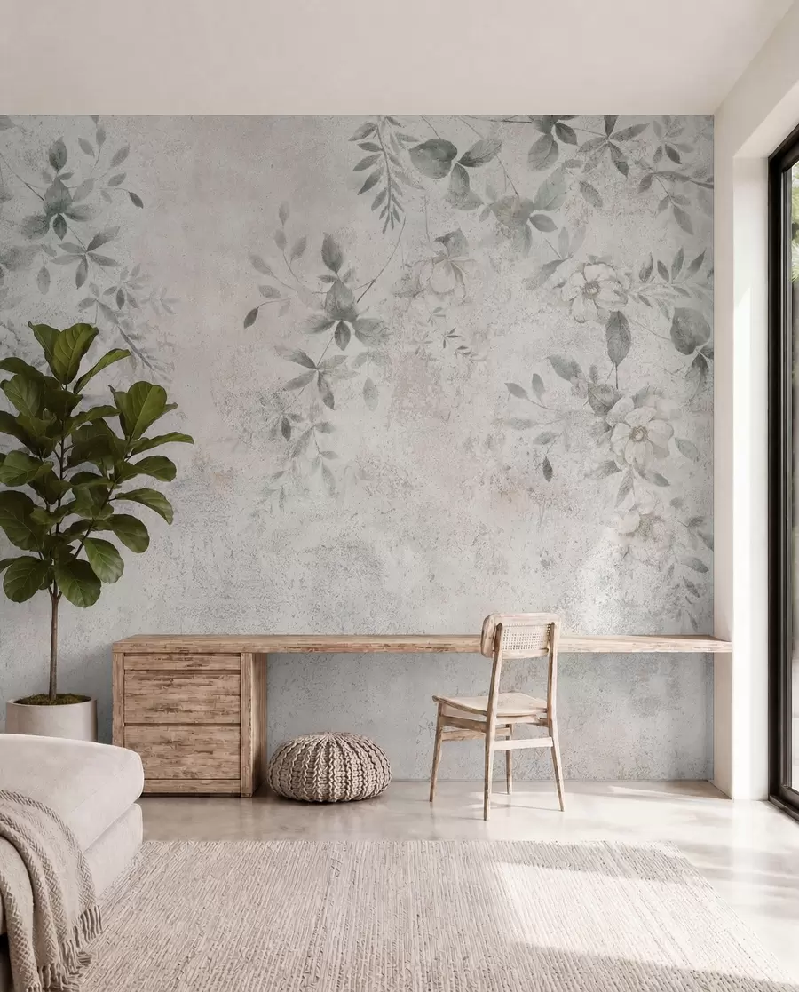 Fototapete Blumen mit Zweigen auf Beton Grunge Hintergrund Minimalismus u96140