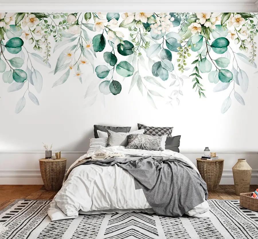 Fototapete Illustration mit grünen Blättern, weißen Blüten, Pfingstrose und Zweigen u96063