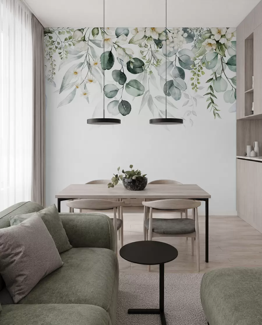 Fototapete Illustration mit grünen Blättern, weißen Blüten, Pfingstrose und Zweigen u96063
