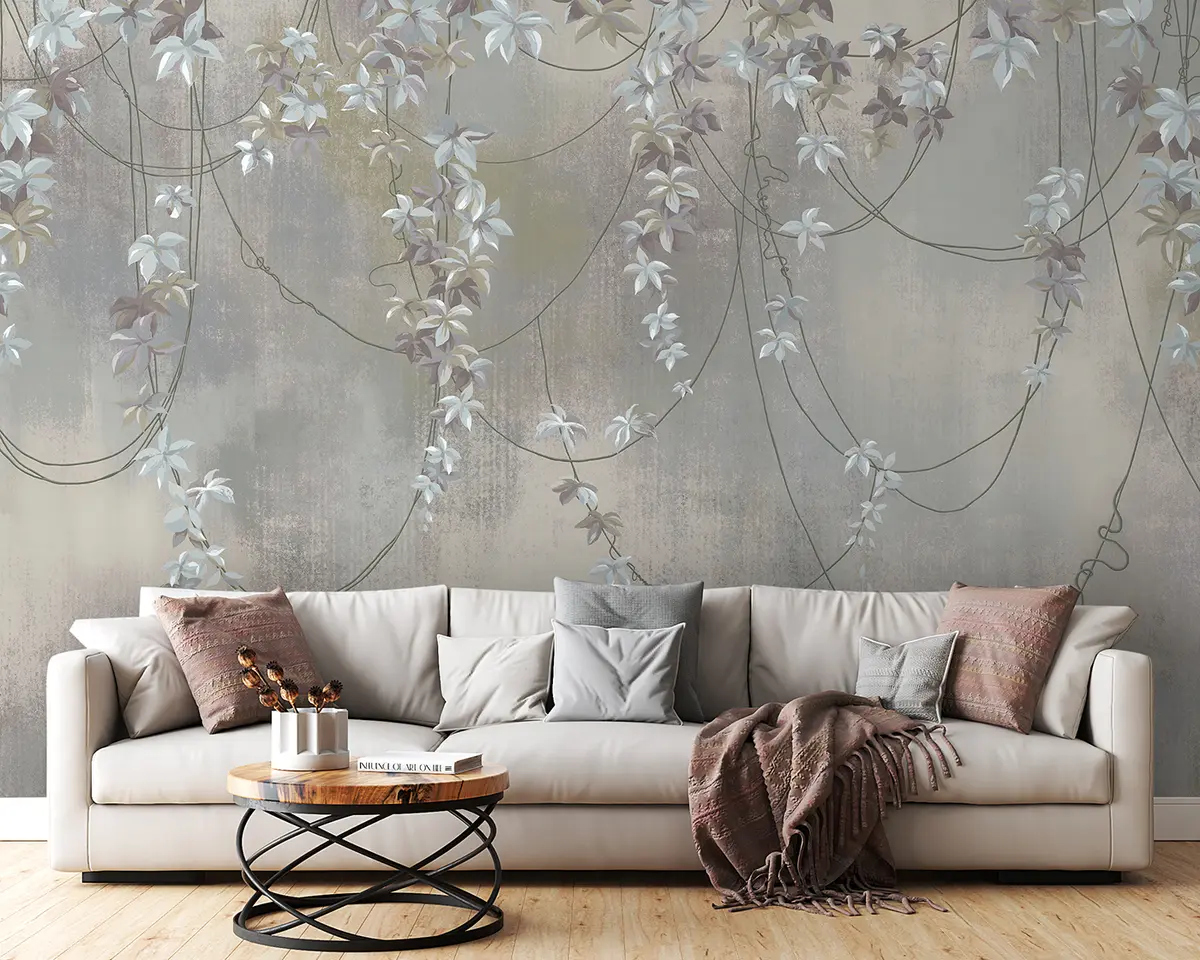 Fototapete Hängende Zweige mit Blättern und Blumen u95926