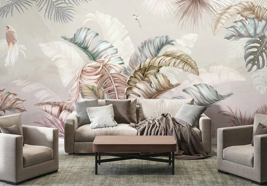 Fototapete Tropische Illustration mit Palmen, Bananenblättern und Vögeln u96254