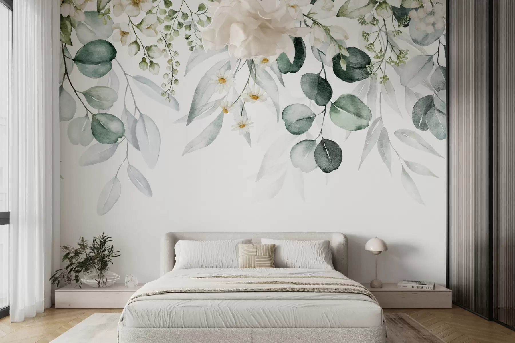 Fototapete Aquarell grüne Blätter mit Blumen u96336
