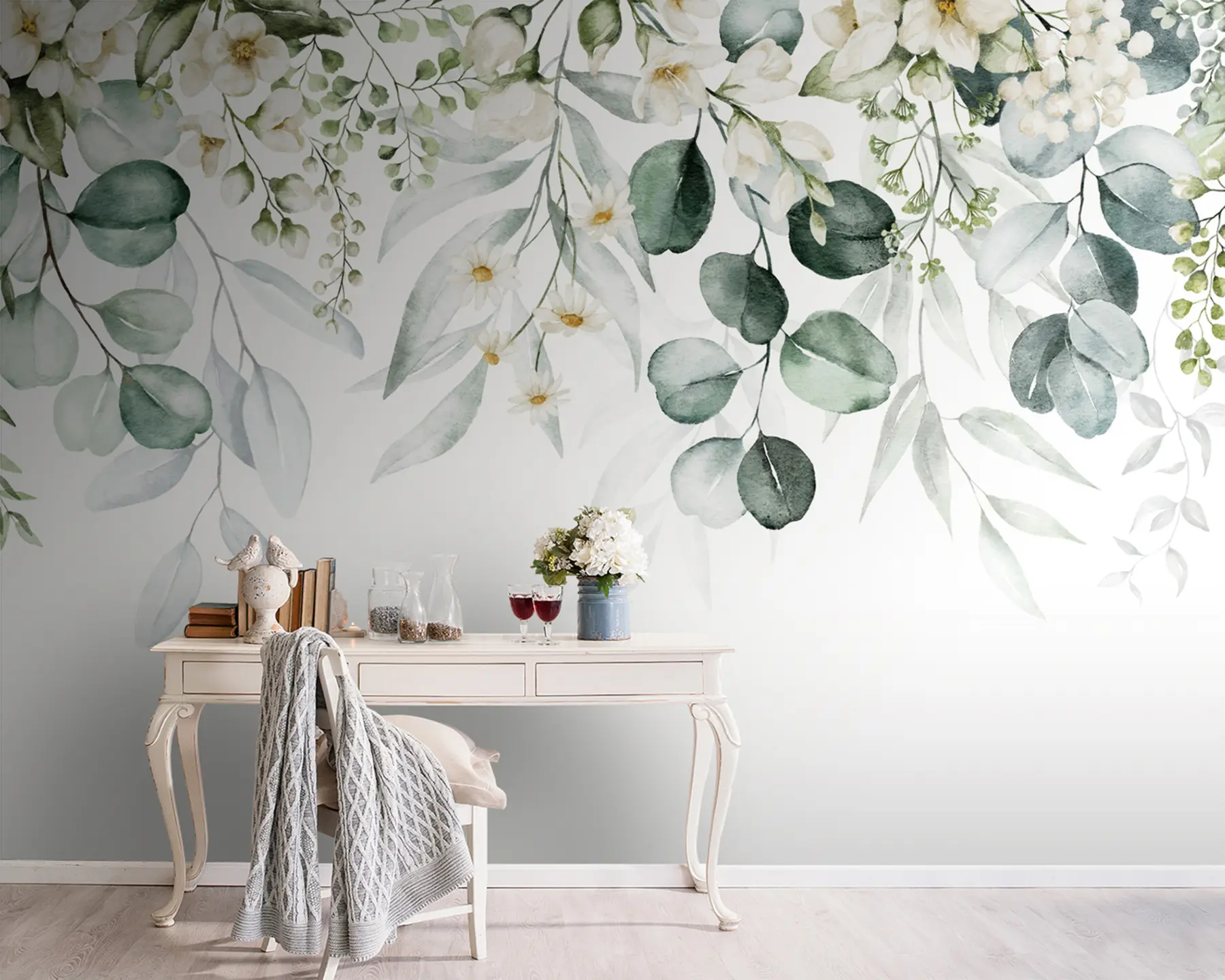 Fototapete Aquarell grüne Blätter mit Blumen u96336