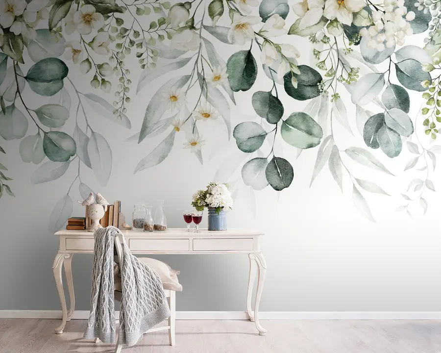 Fototapete Aquarell grüne Blätter mit Blumen u96336