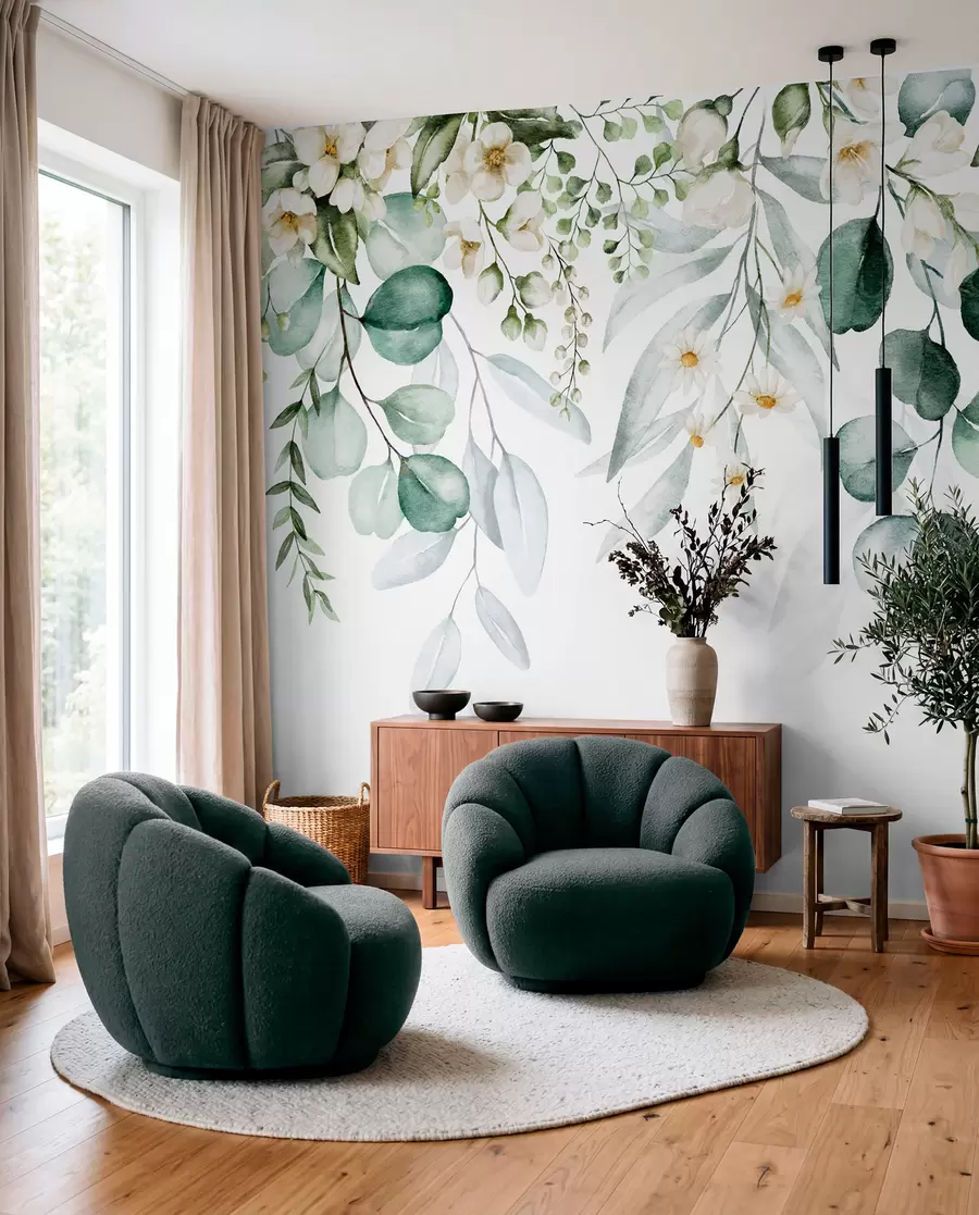 Fototapete Aquarell grüne Blätter mit Blumen u96336