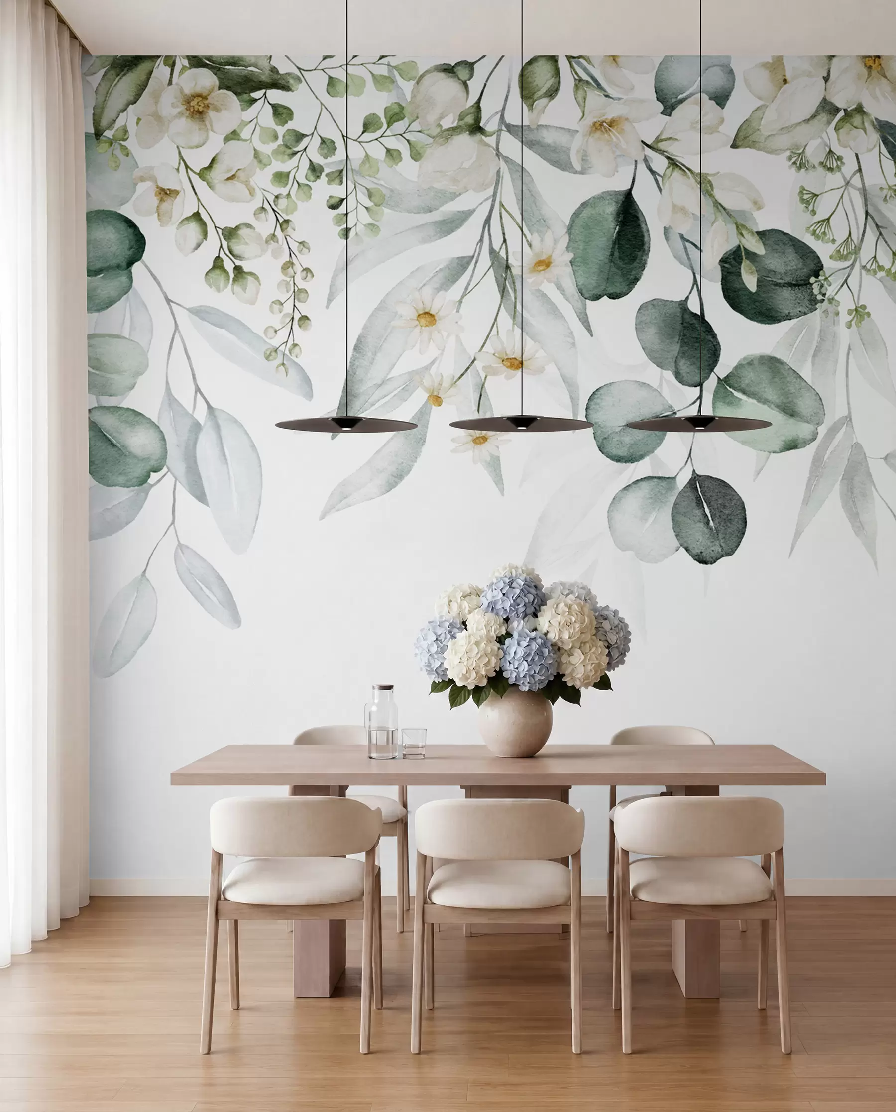 Fototapete Aquarell grüne Blätter mit Blumen u96336