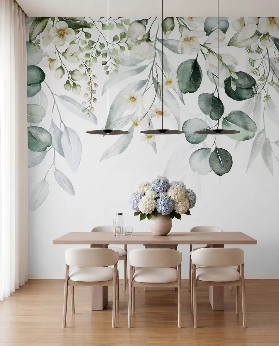 Fototapete Aquarell grüne Blätter mit Blumen u96336