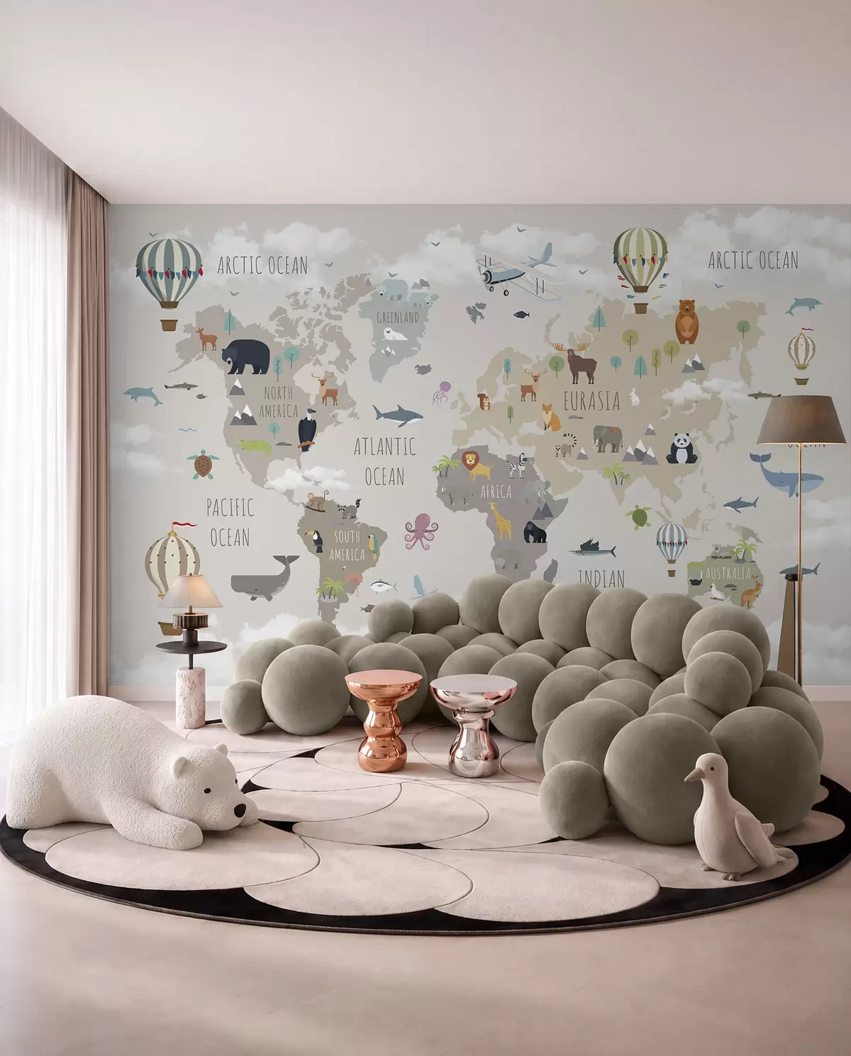 Fototapete Weltkarte mit Tieren und Luftballons u96461