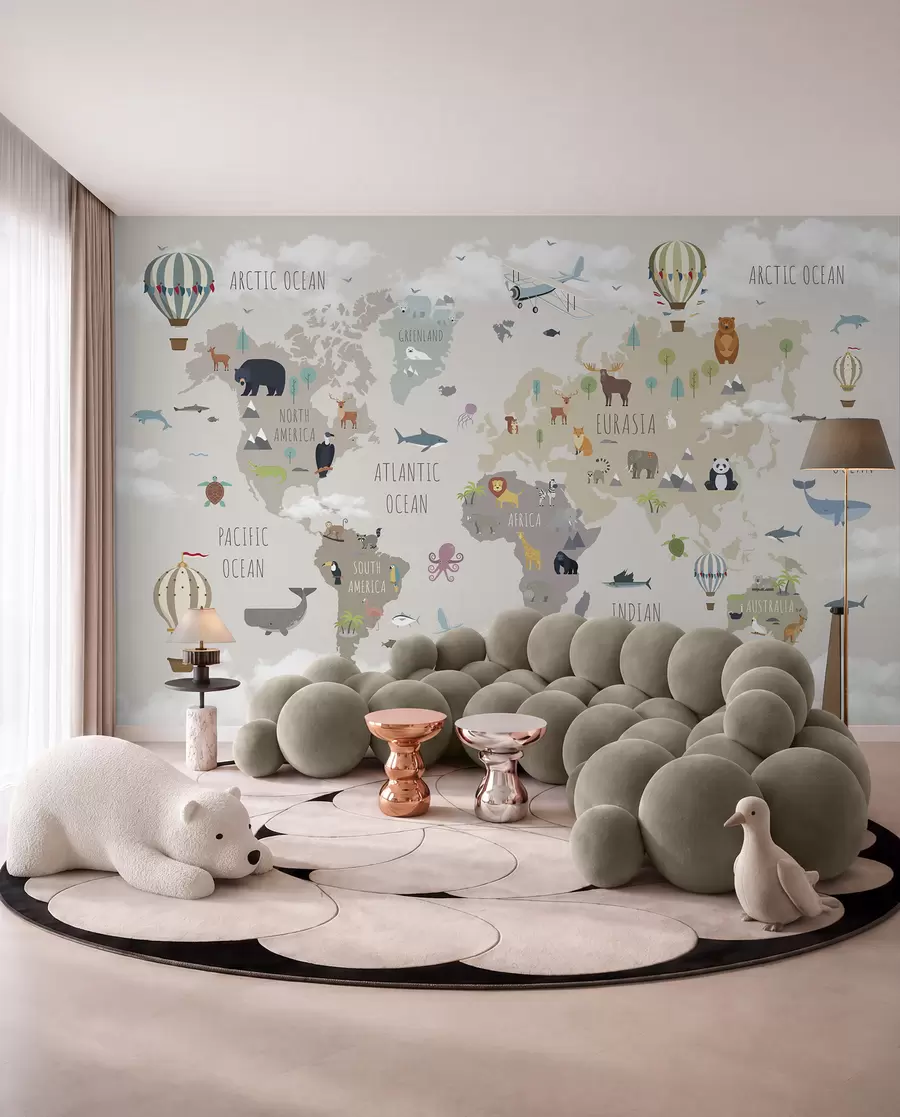 Fototapete Weltkarte mit Tieren und Luftballons u96461