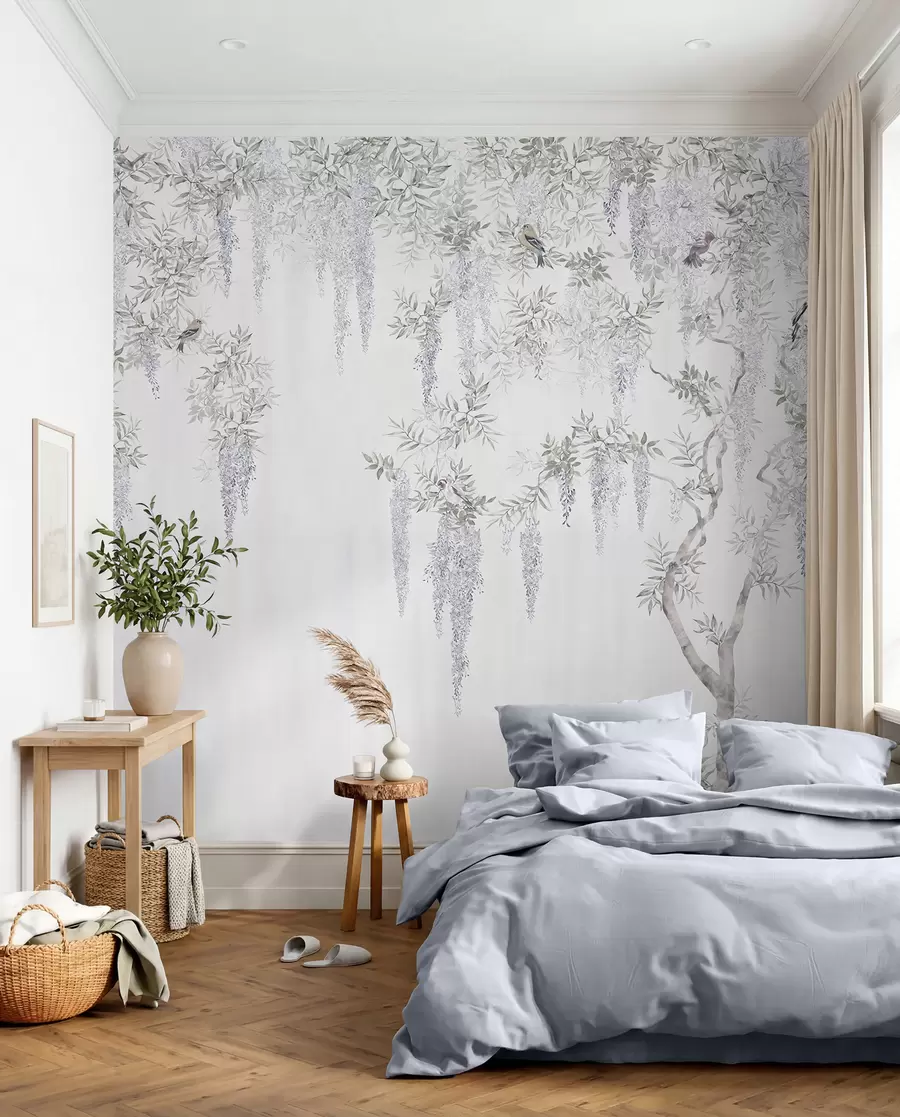Fototapete Blumen der Glyzinie, Glyzinie, Minimalismus, Monochrom, Loft und japanischer Stil u96928