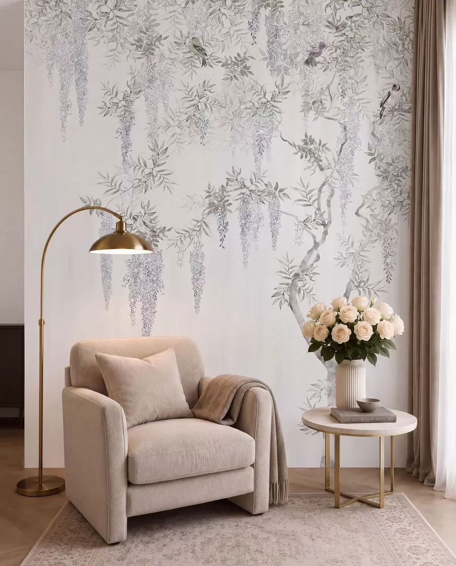 Fototapete Blumen der Glyzinie, Glyzinie, Minimalismus, Monochrom, Loft und japanischer Stil u96928