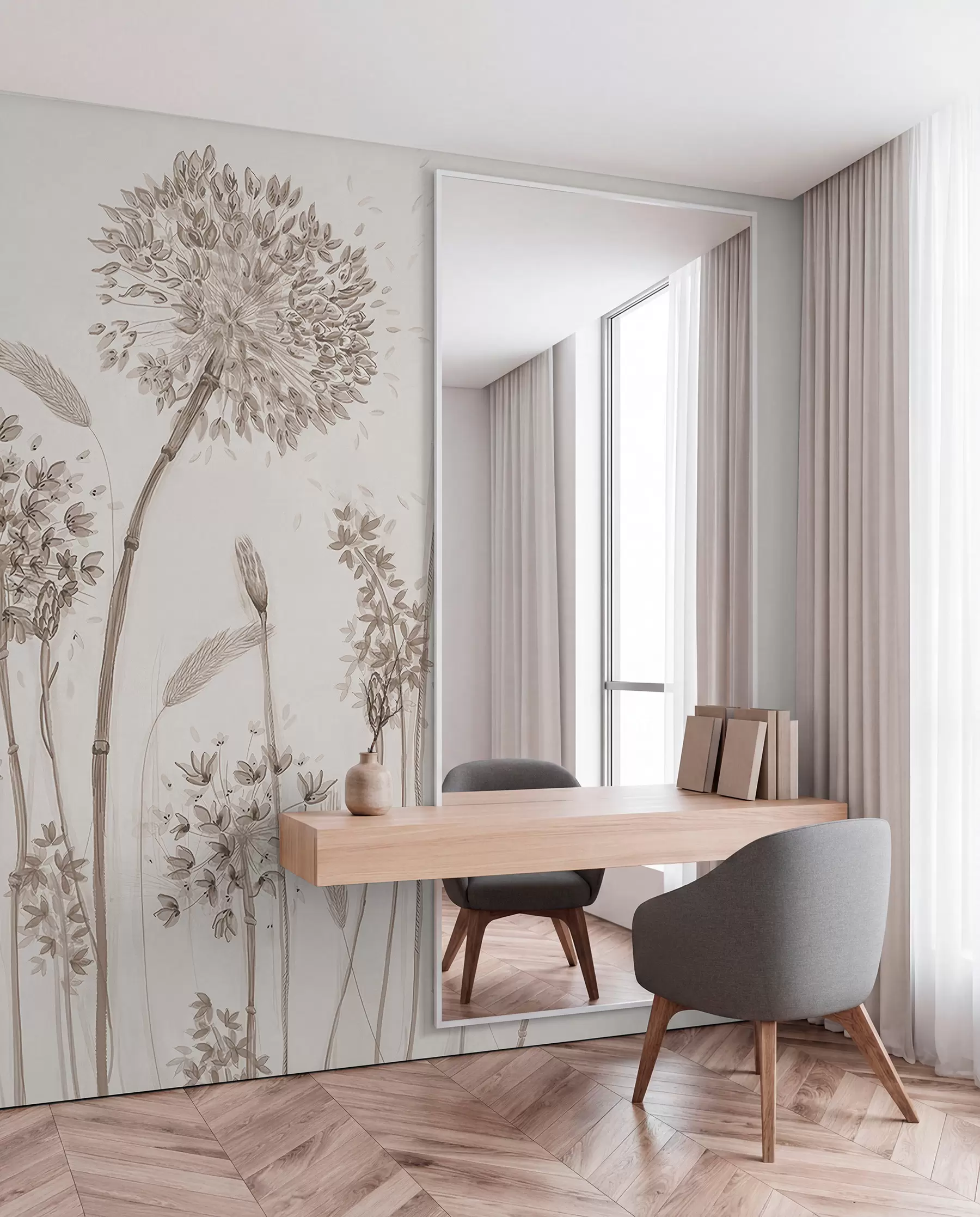 Fototapete Große Wiese Blumen von Löwenzahn monochromen Stil Loft Minimalismus u96934
