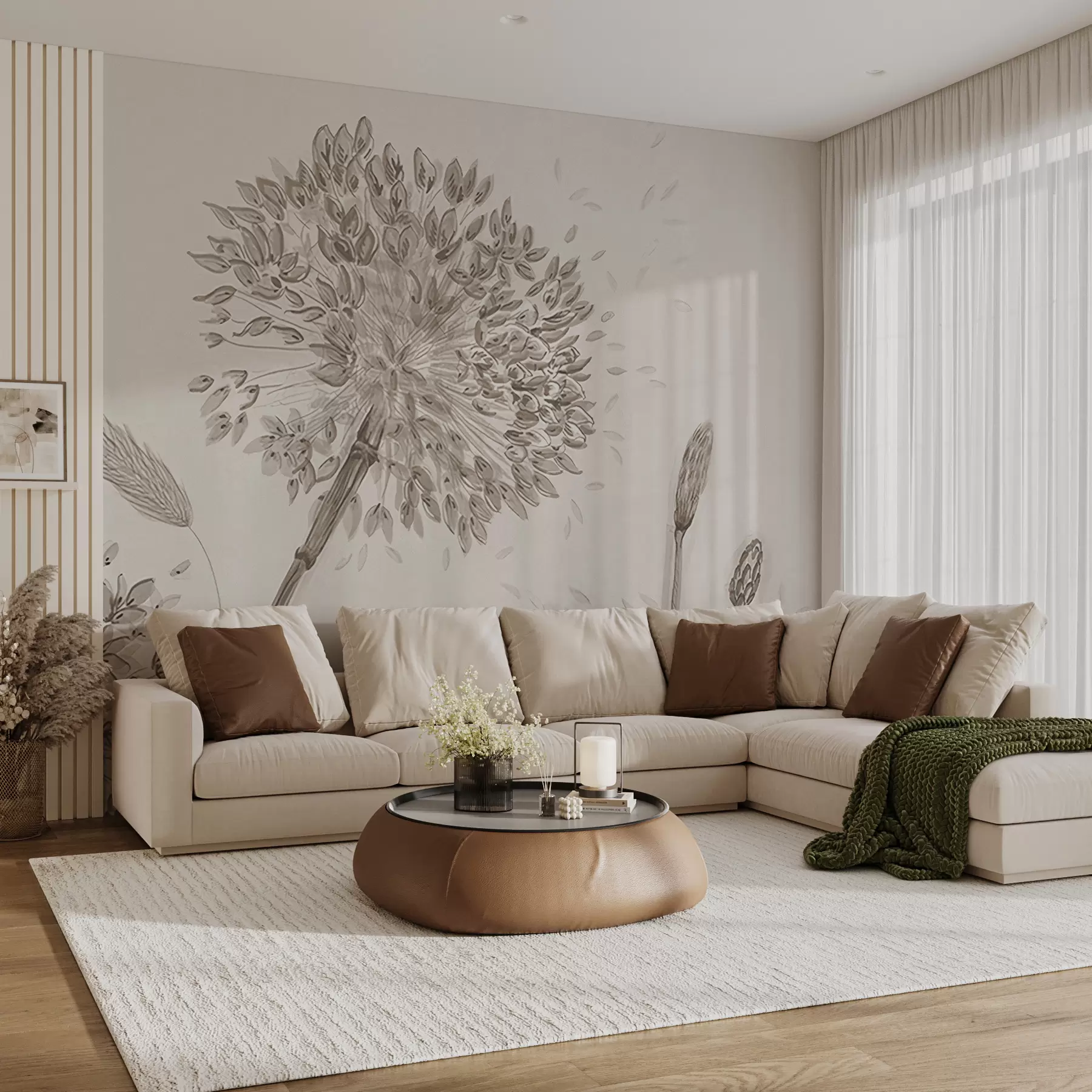 Fototapete Große Wiese Blumen von Löwenzahn monochromen Stil Loft Minimalismus u96934