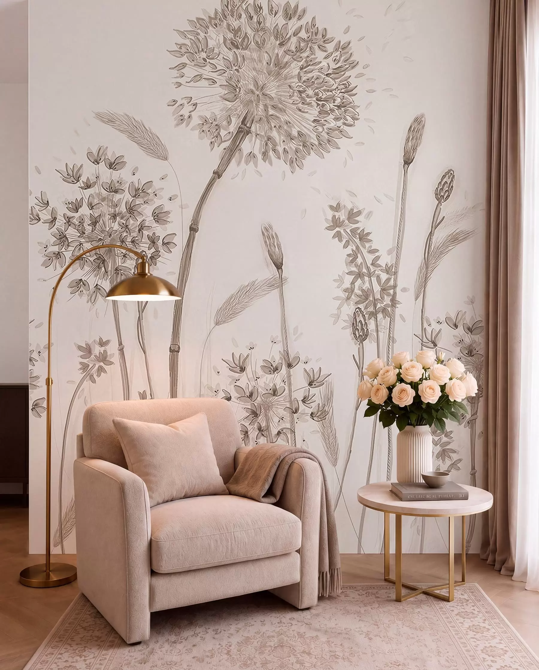 Fototapete Große Wiese Blumen von Löwenzahn monochromen Stil Loft Minimalismus u96934