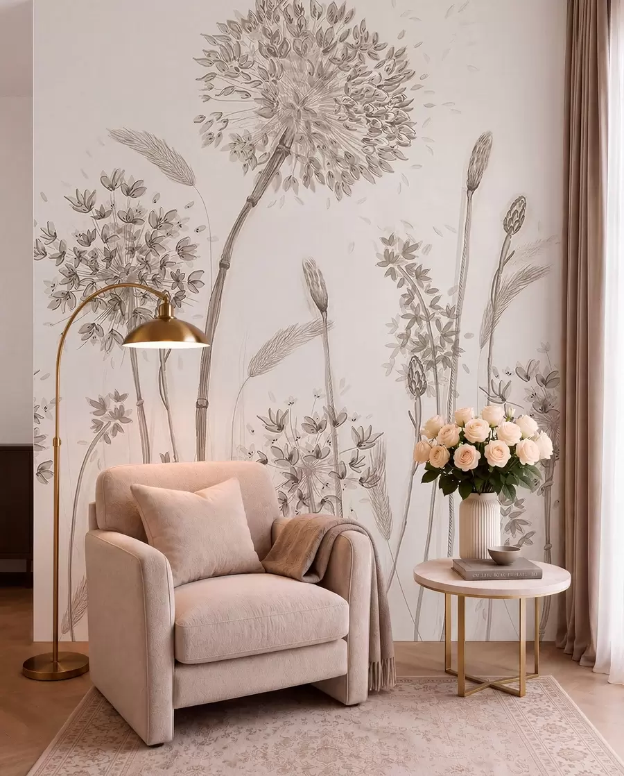 Fototapete Große Wiese Blumen von Löwenzahn monochromen Stil Loft Minimalismus u96934