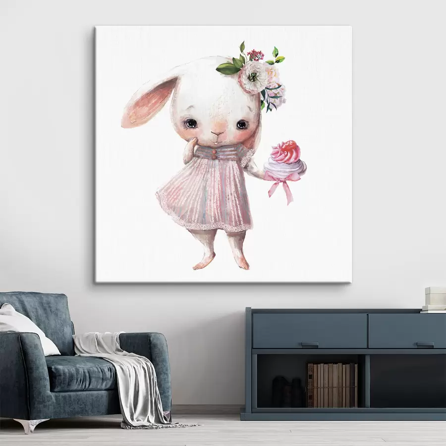 Wandbilder Niedlicher Hase mit einer süßen Leckerei s35046