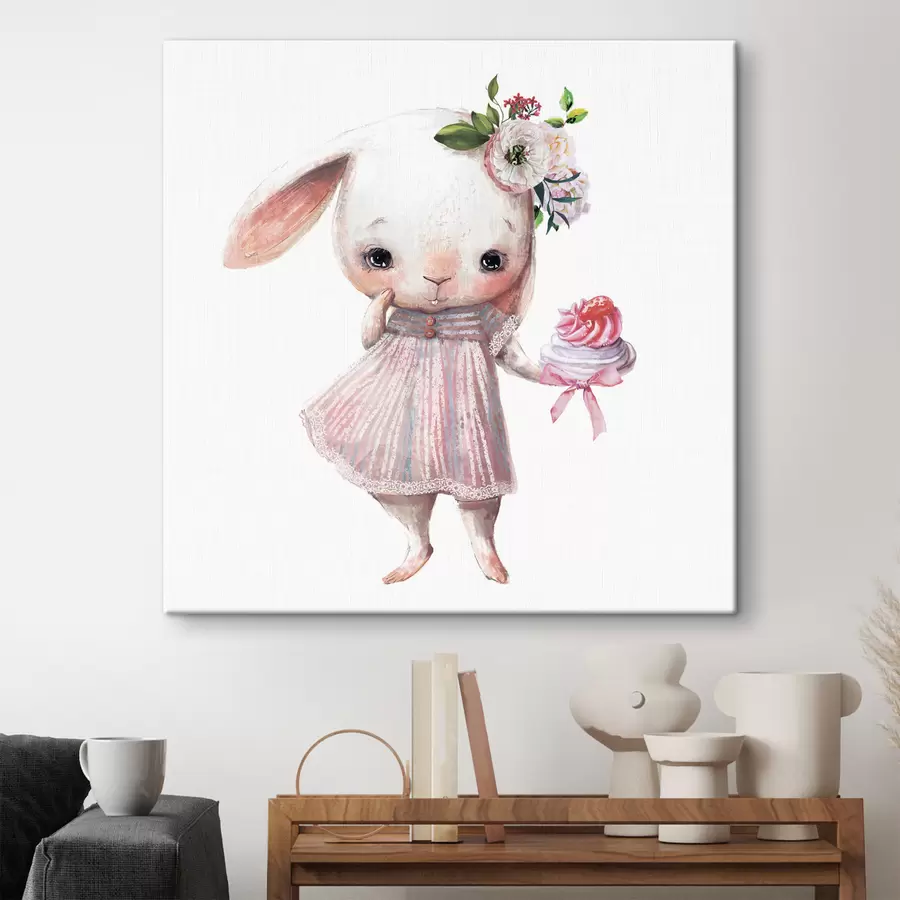 Wandbilder Niedlicher Hase mit einer süßen Leckerei s35046