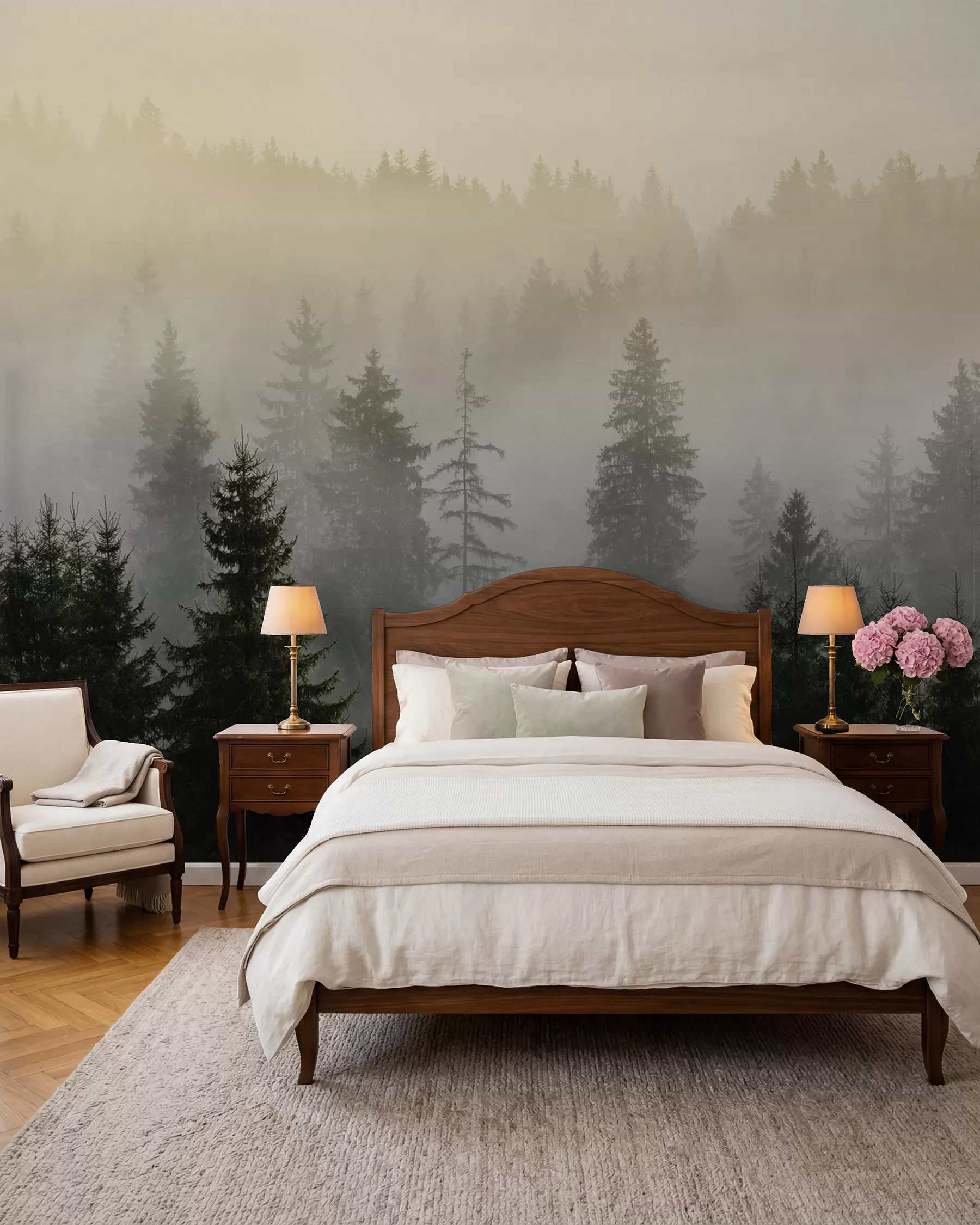 Fototapete Tiefer Wald im goldenen Nebel u96999