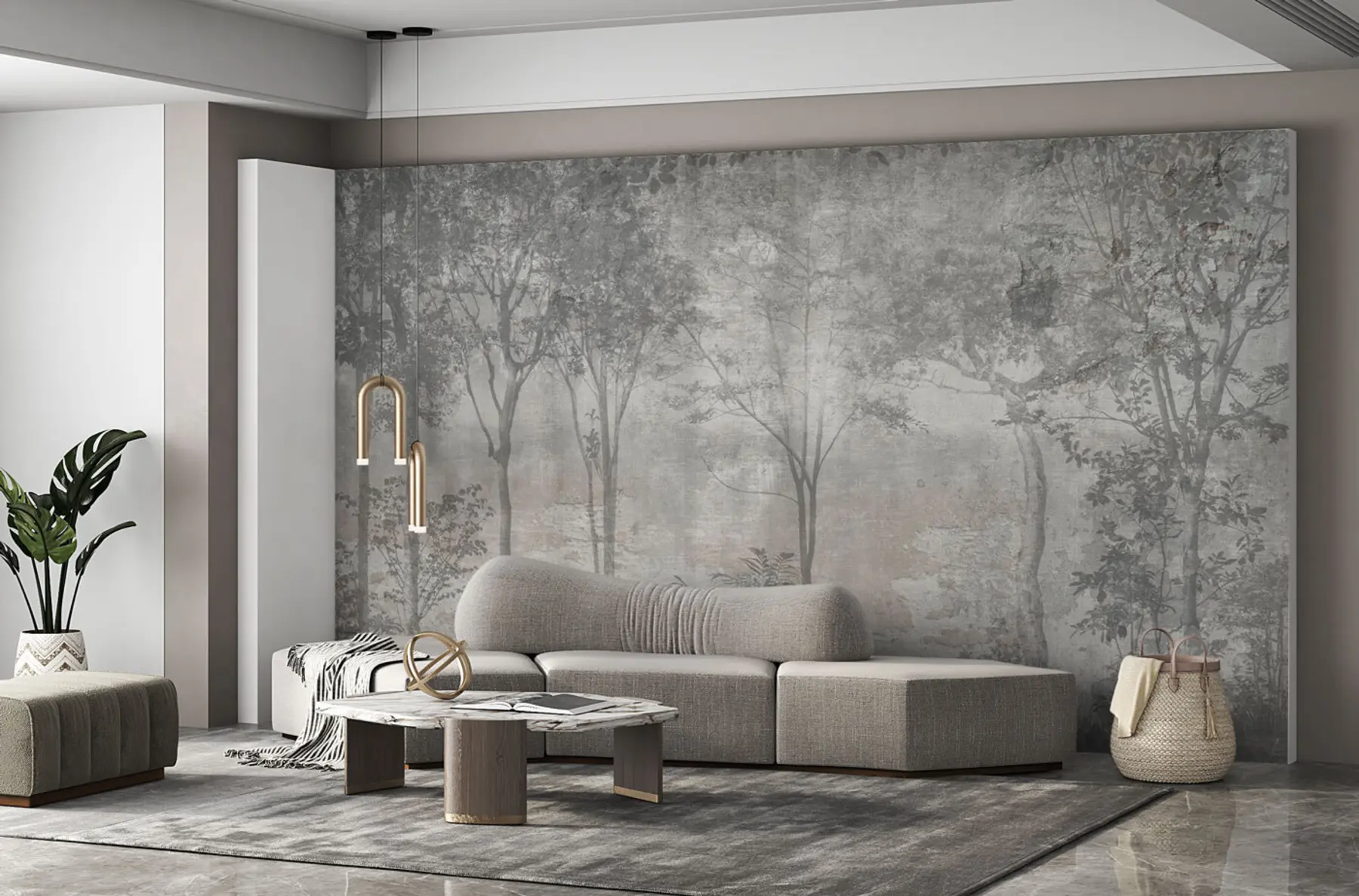 Fototapete Gemälde eines Waldes auf einer Steinmauer u97401