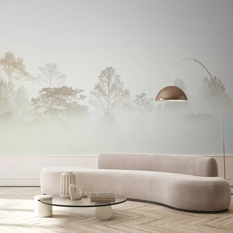 Fototapete Silhouette eines Baumhains im dichten weißen Morgennebel u97405