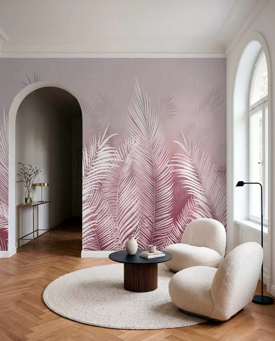 Fototapete Weiße Palmen auf einem rosa Granzhintergrund. in rosa Farben u74601v2