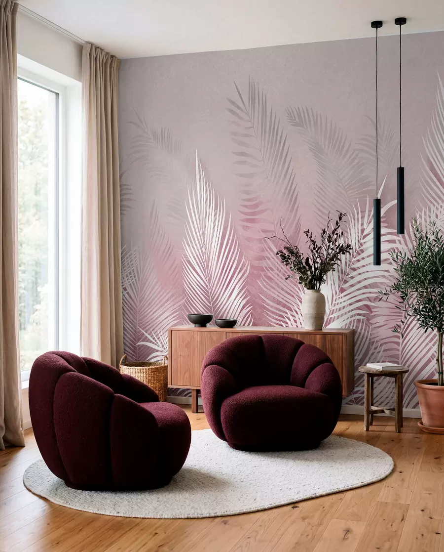 Fototapete Weiße Palmen auf einem rosa Granzhintergrund. in rosa Farben u74601v2