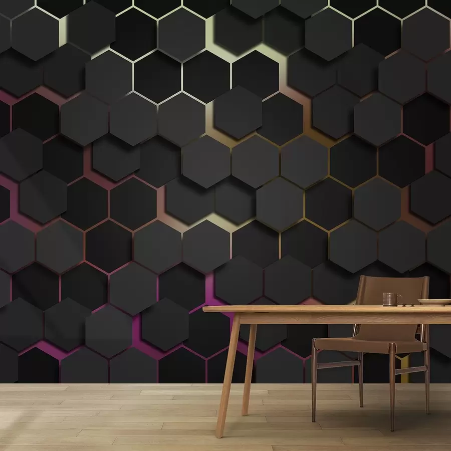 Fototapete Schwarze Sechsecke mit 3D-Effekt in schwarz und rosa Farben u79935v3