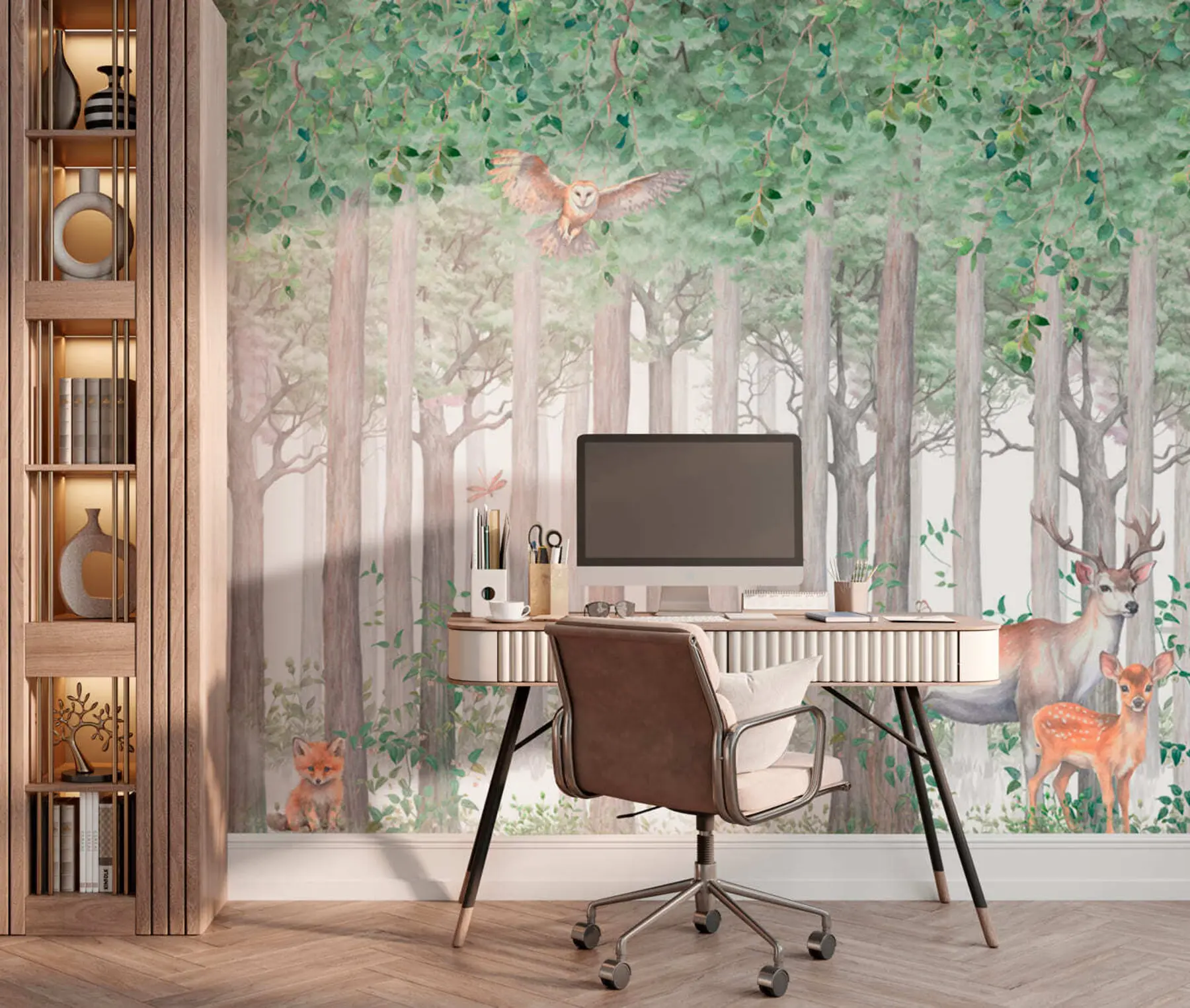 Fototapete Waldtiere Hirsche und Eule u97629