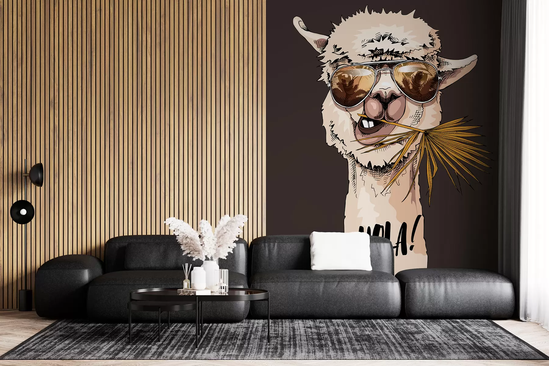 Fototapete Porträt eines Lamas mit Sonnenbrille und Fächerpalmenblatt u98177v2
