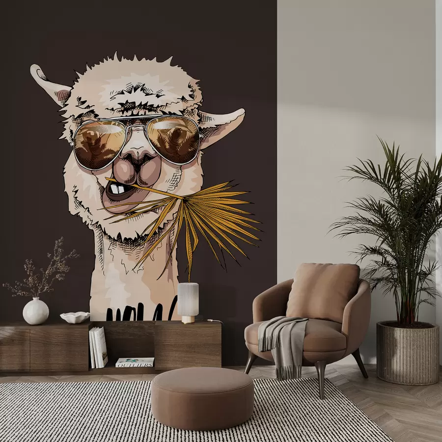 Fototapete Porträt eines Lamas mit Sonnenbrille und Fächerpalmenblatt u98177v2