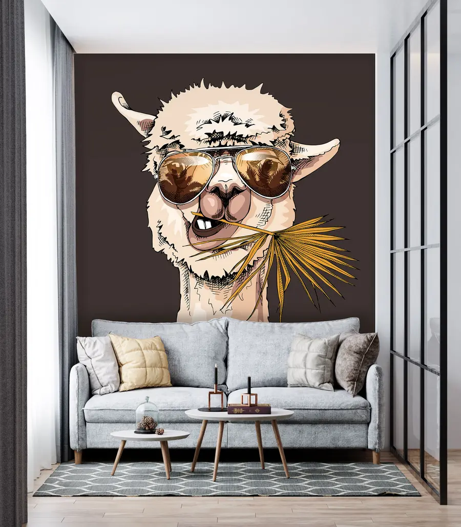 Fototapete Porträt eines Lamas mit Sonnenbrille und Fächerpalmenblatt u98177v2