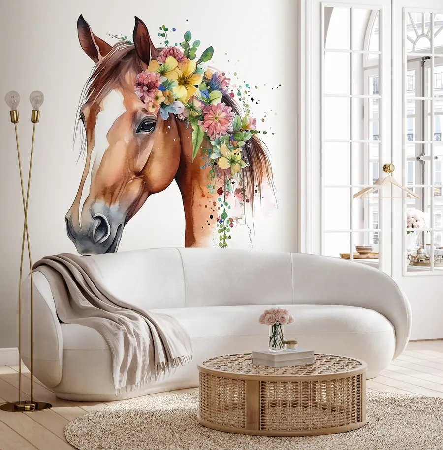 Fototapete Pferd mit Blumen in Aquarell u98192