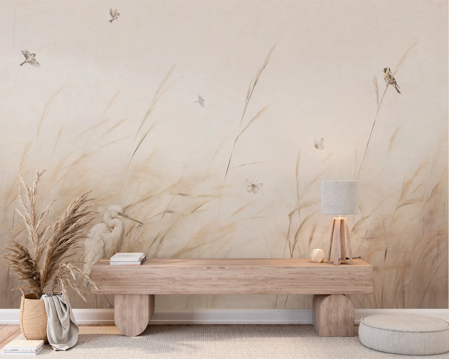 Fototapete Vögel auf dem See zwischen getrockneten Blumen, Pflanzen und Gras u98439