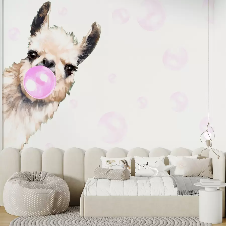 Fototapete Lustiges Lama und rosa Blasen u98952