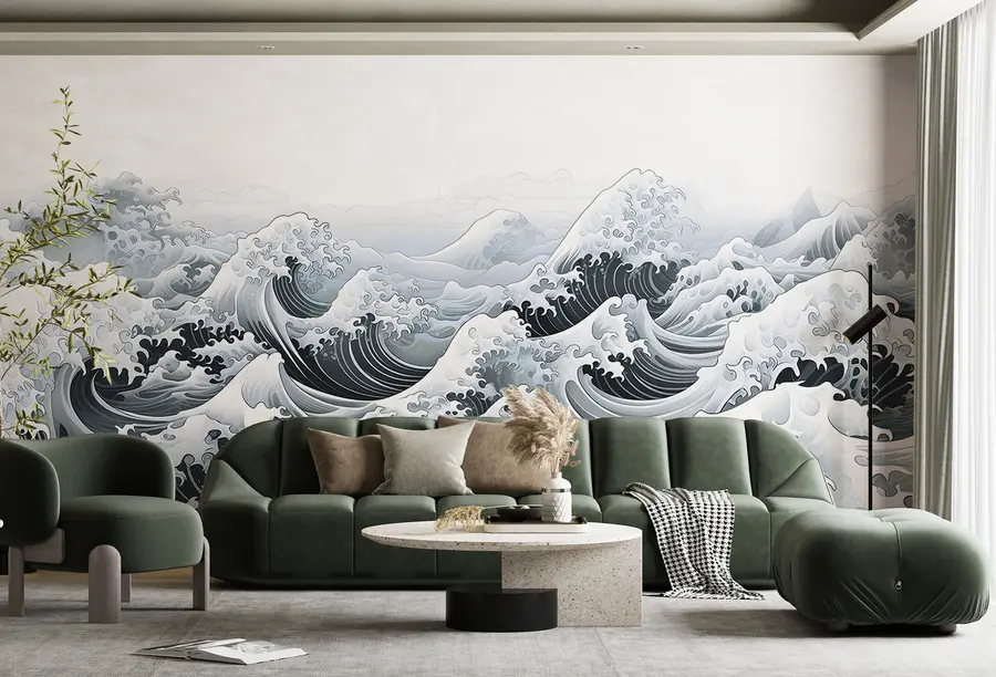 Fototapete Japanischer Stil Meereswellen, Ozean Thema, Marine, weiche Farben u98898