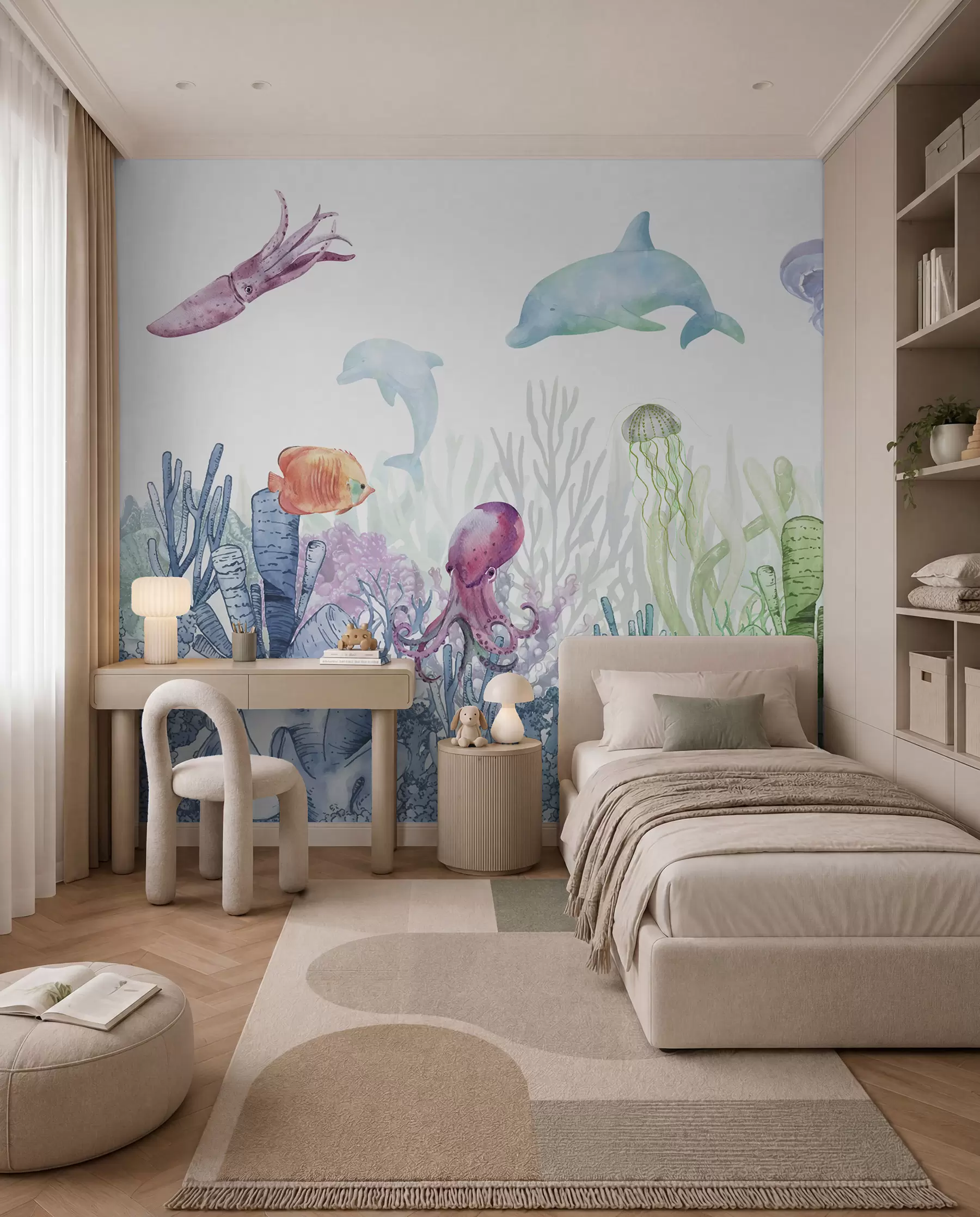Fototapete Unterwasserwelt, Meerestiere, Aquarell, Korallen, Delphin, Oktopus u98899