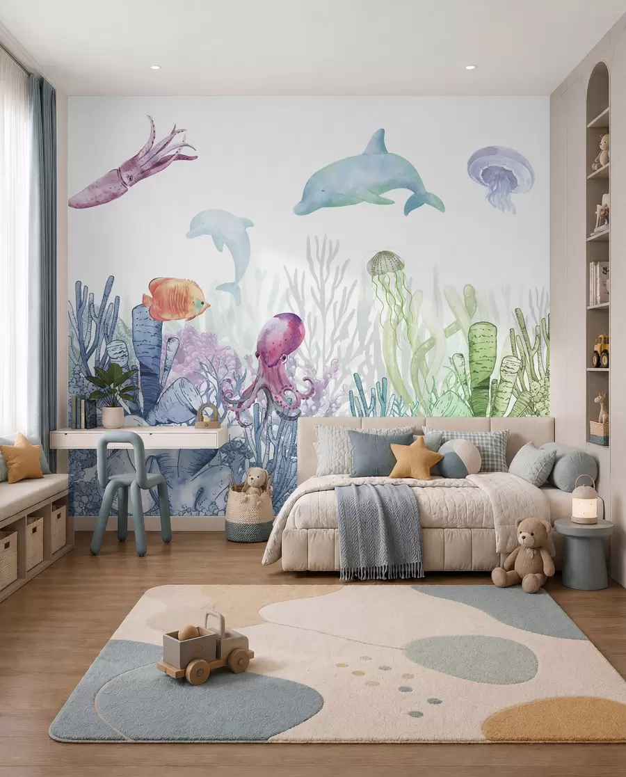 Fototapete Unterwasserwelt, Meerestiere, Aquarell, Korallen, Delphin, Oktopus u98899