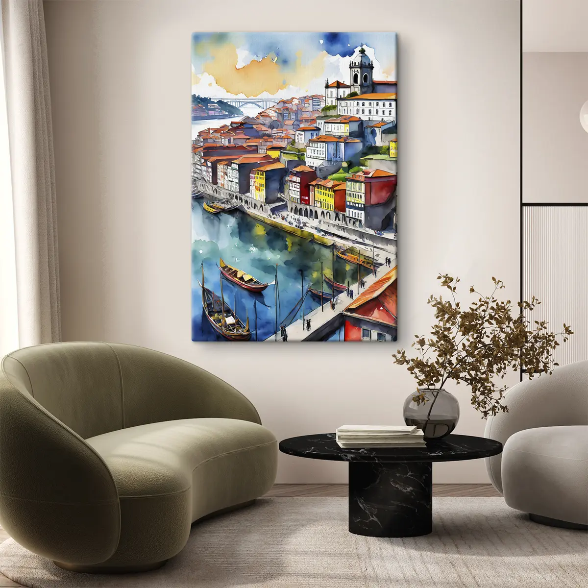 Wandbilder Bezauberndes Stadtbild am Flussufer in Farbe s36680