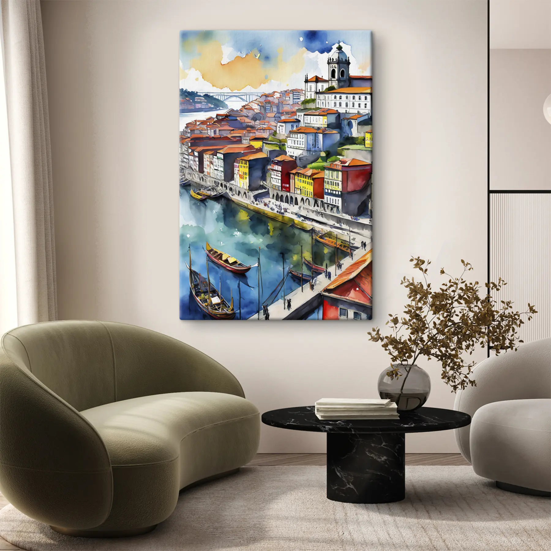 Fototapete Bezauberndes Stadtbild am Flussufer in Farbe s36680