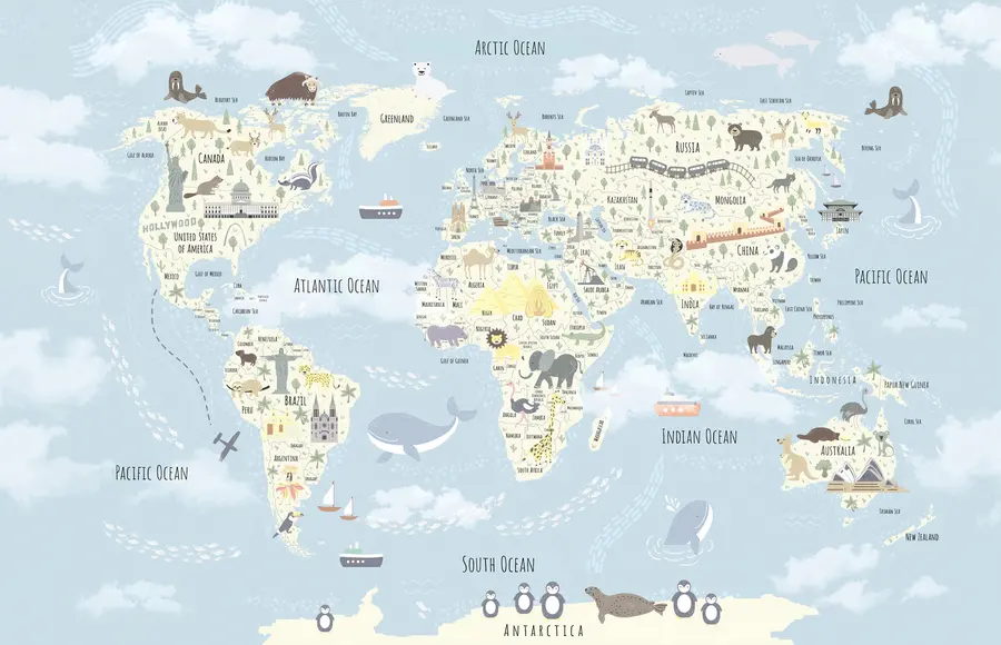 Fototapete Weltkarte für Kinder mit Tieren und Wahrzeichen u96587