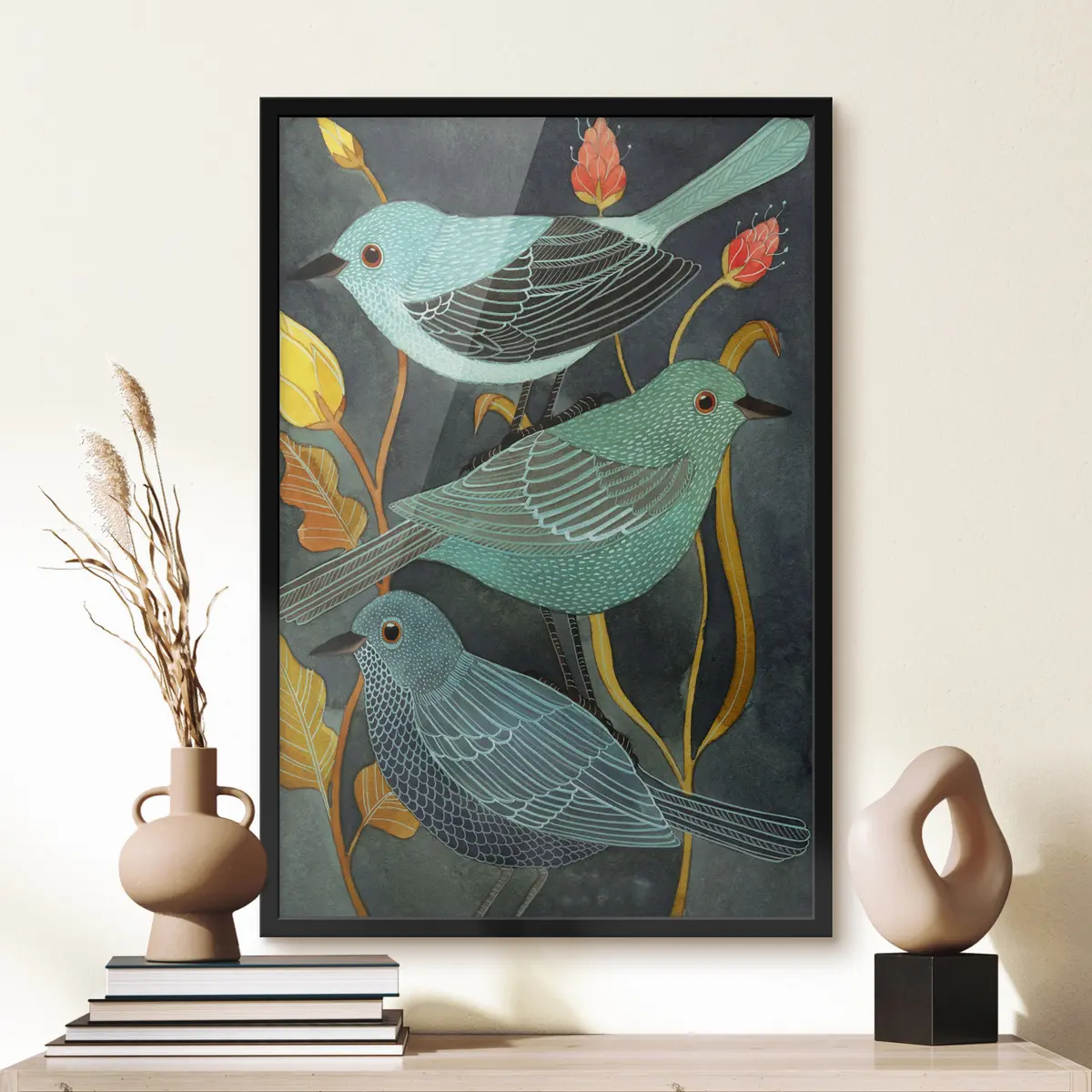 Poster Bunte Vögel inmitten von lebhaftem Laub f03061