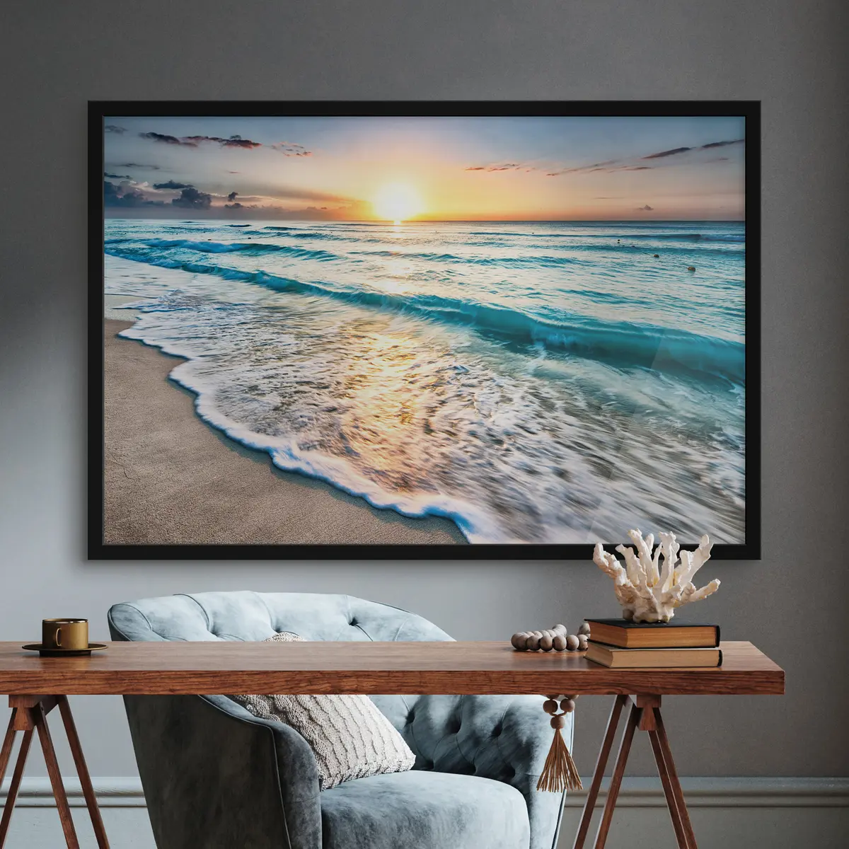 Poster Sonnenuntergang über den ruhigen Wellen des Ozeans f08091