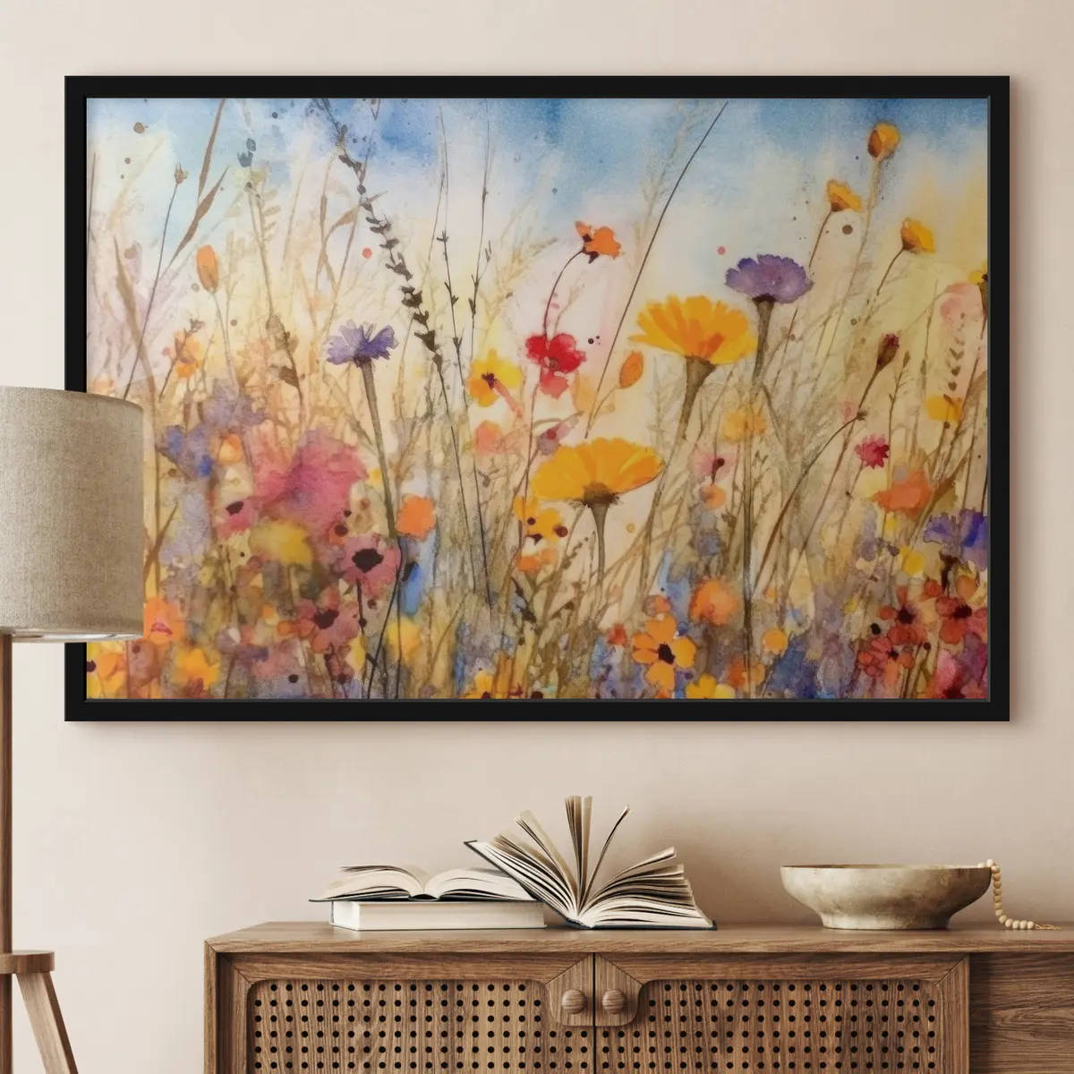 Poster Bunte Blüten auf einem sonnenbeschienenen Feld f33634