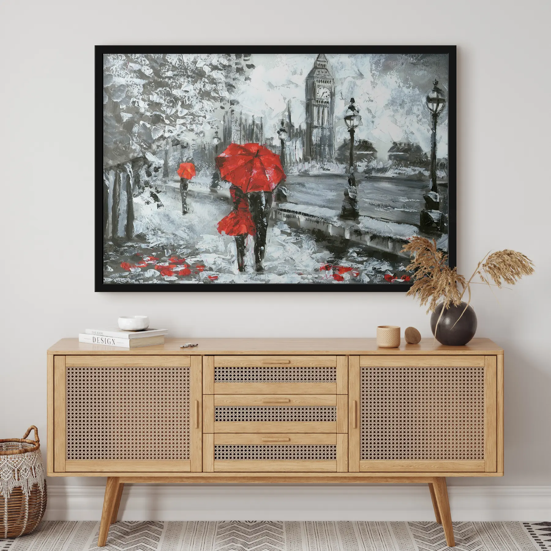 Fototapete Paar unter roten Regenschirmen in London f34614