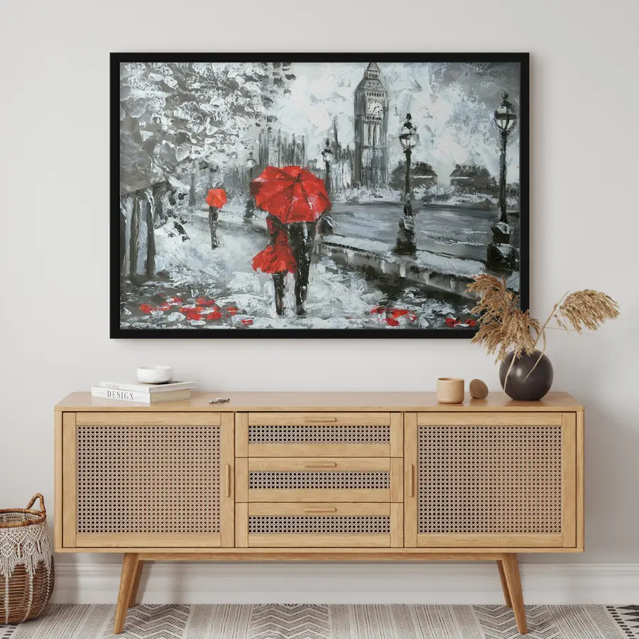 Fototapete Paar unter roten Regenschirmen in London f34614