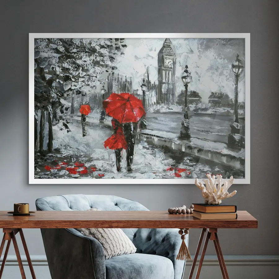 Fototapete Paar unter roten Regenschirmen in London f34614