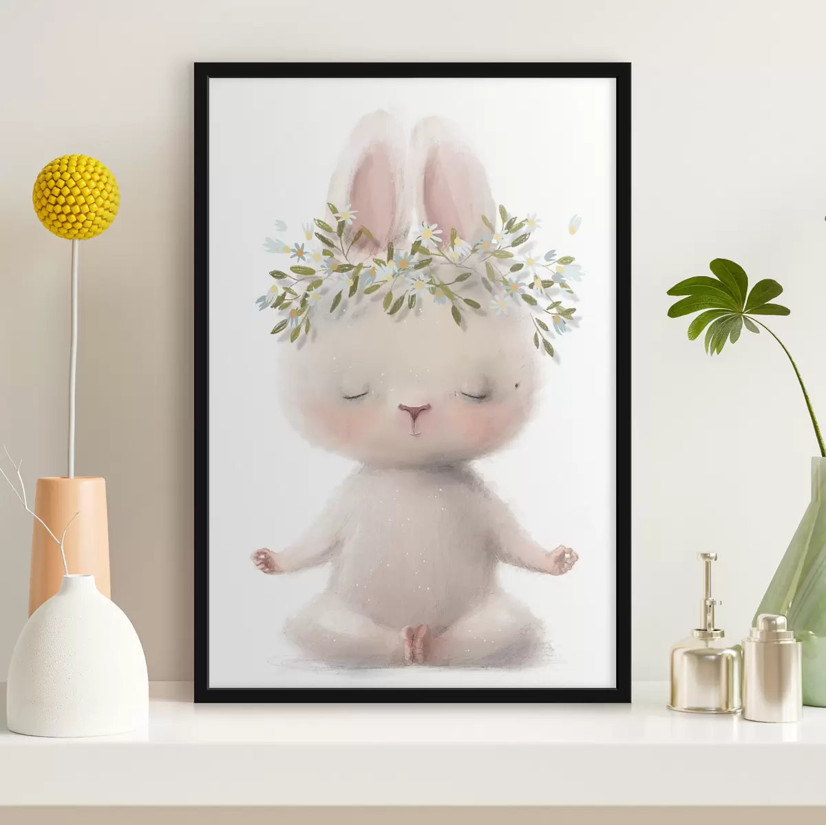 Poster Meditierender Hase mit Blumenkranz f35005