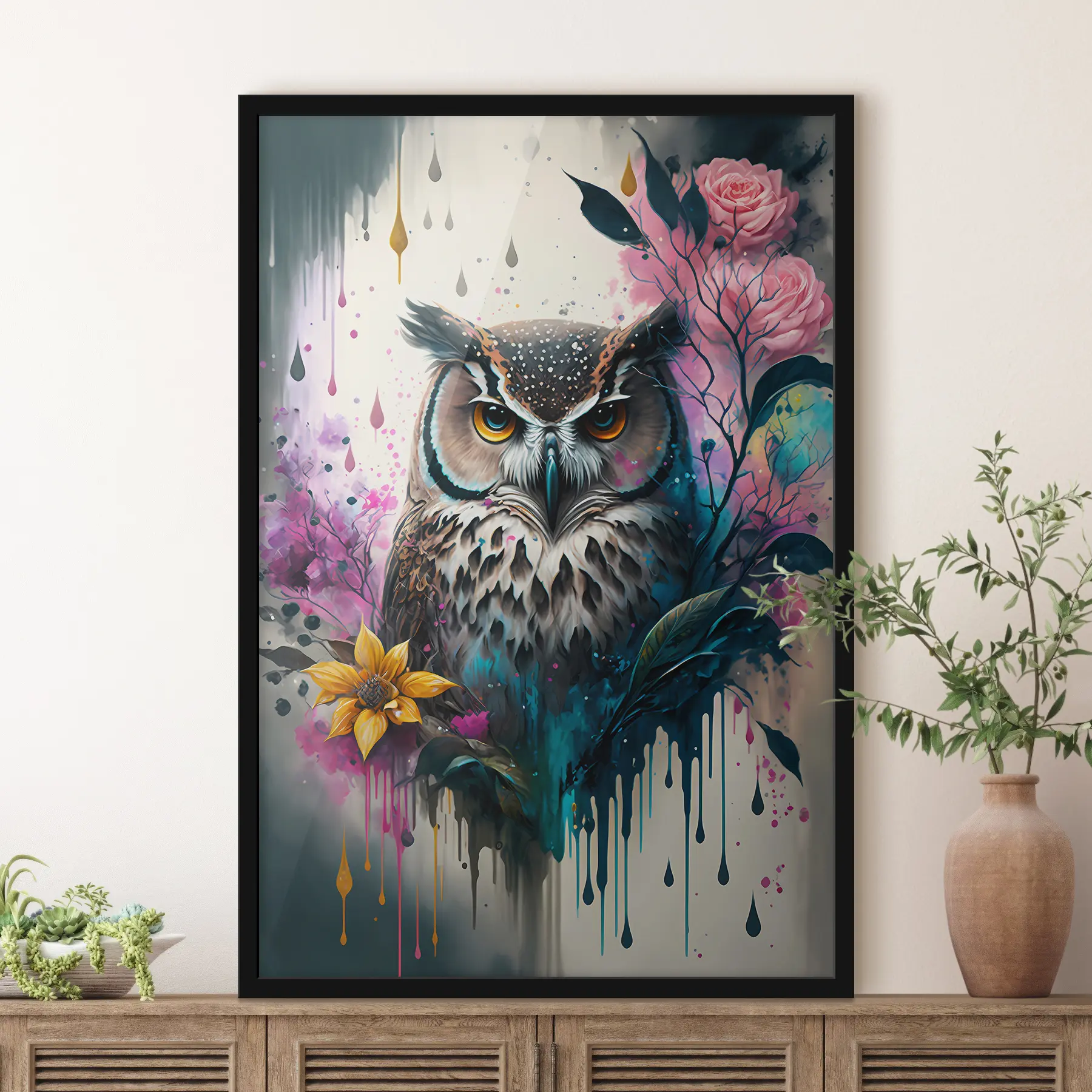 Wandbilder Eule umgeben von leuchtenden Blüten f35348