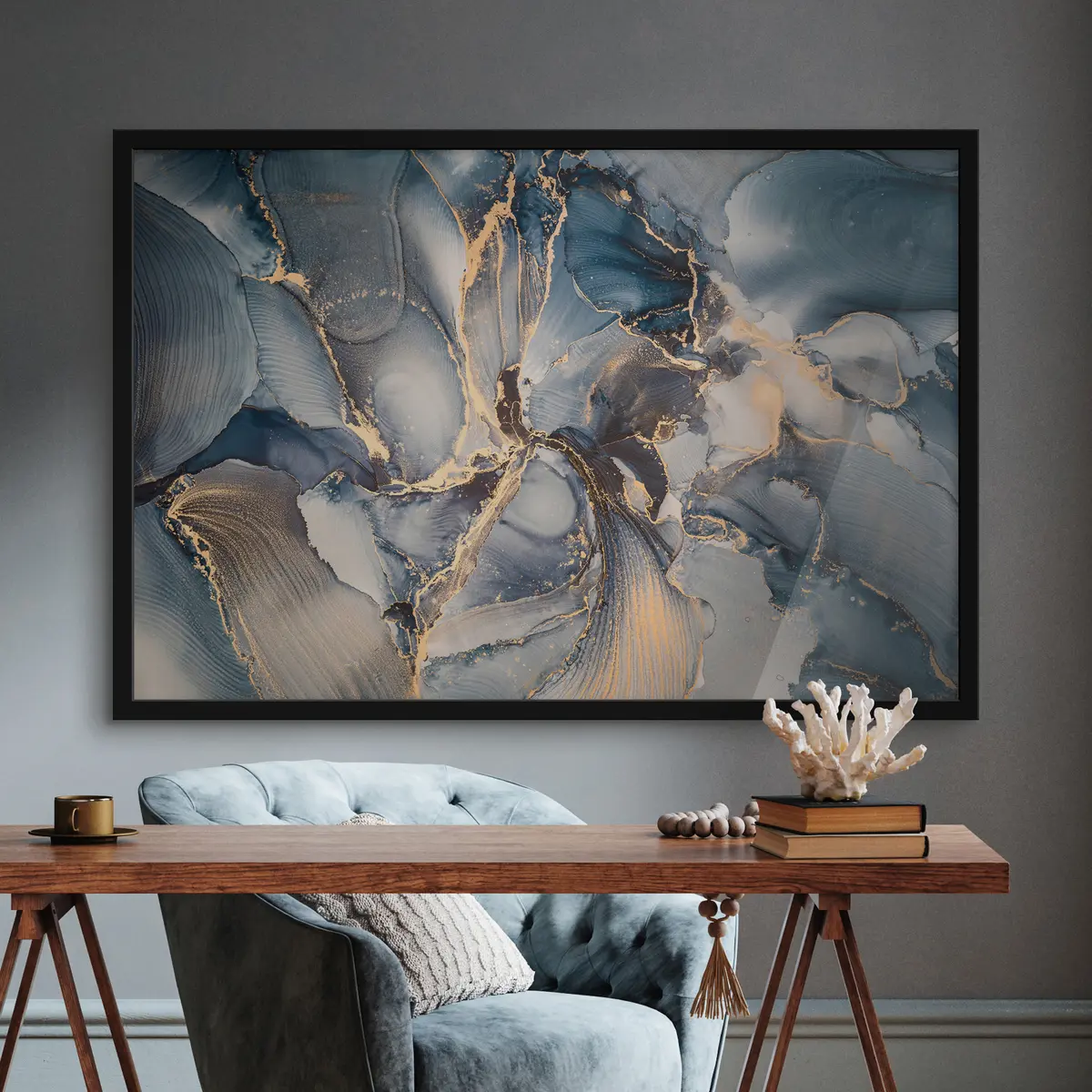 Poster Elegante Wirbel aus Blau und Beige f36042